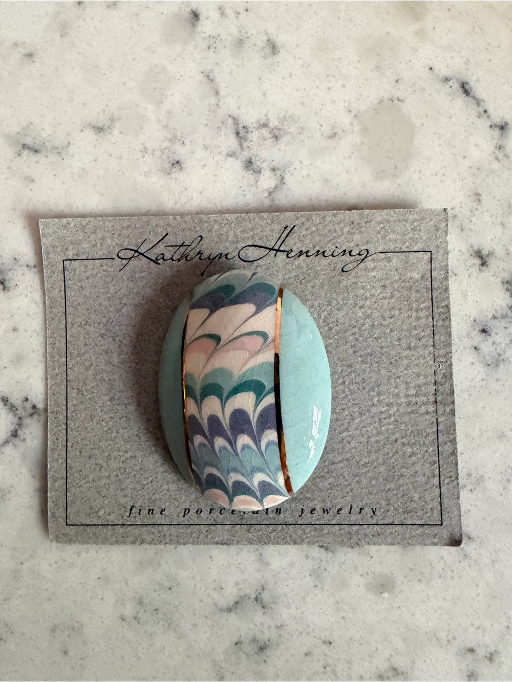 Kathryn Hemming Aqua and Multicolor Marbled Porcelain Brooch